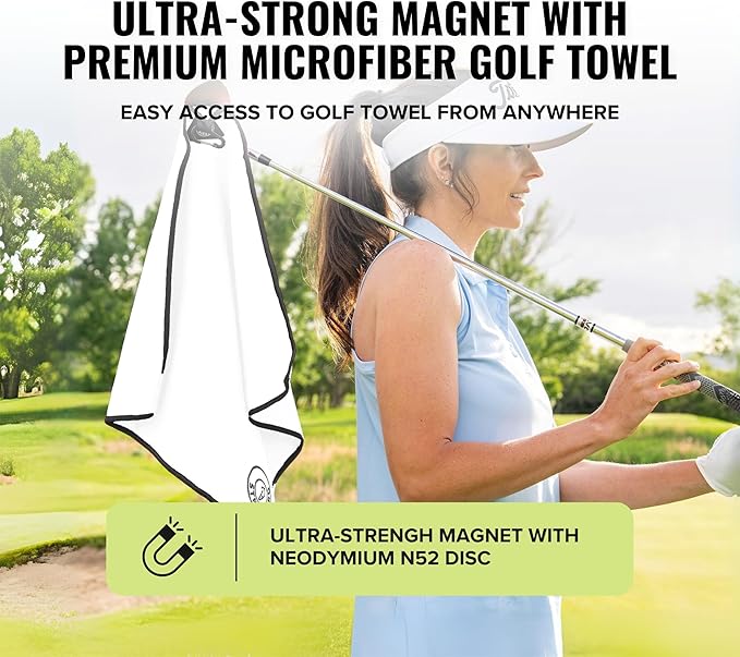 Stripebird - Magnetic Golf Towel (White) - Microfiber Golf Towel with Built-in Ultra-Strong Neodymium Magnetic Towel - 18" x 18" Golf Bag Towel