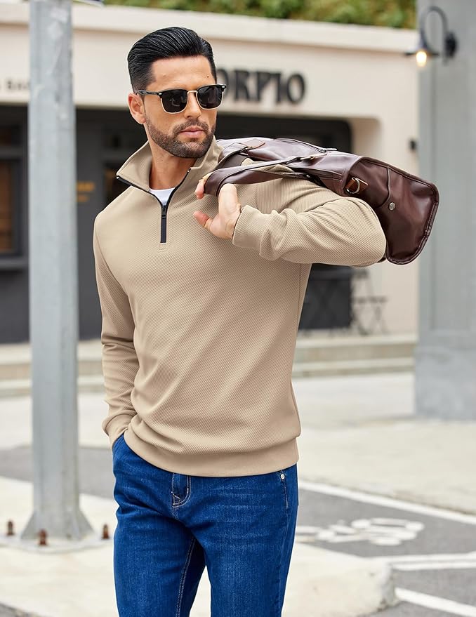 COOFANDY Mens Quarter Zip Pullover Sweatshirts Lightweight Long Sleeve Mock Neck Sweater Polo