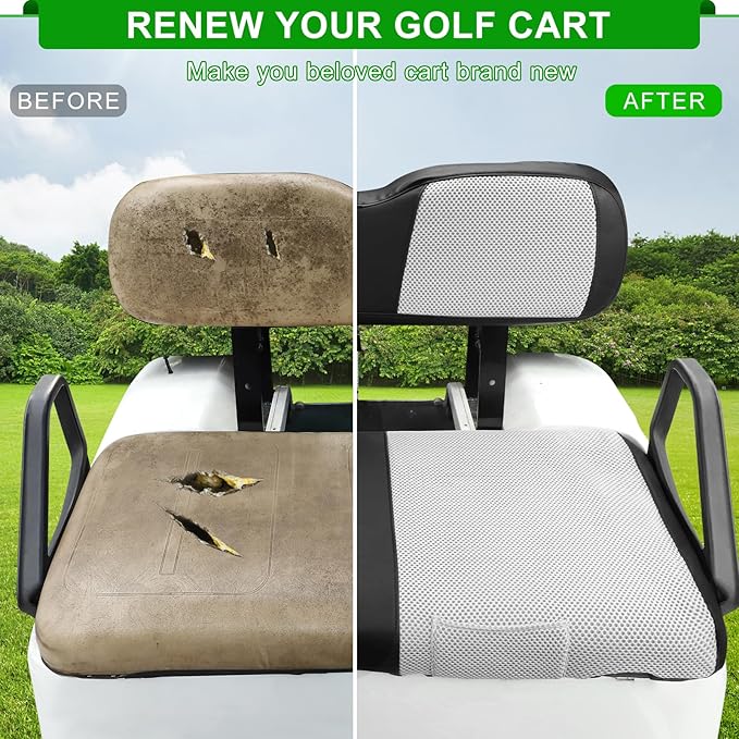 iLSKW Golf Cart Seat Covers for EZGO TXT Seat Cover OEM Front,Breathable Fabric and Leather Front Seat Cover Like Gloves,Full Wrap-Around Design of EZGO TXT (1994-2013) Golf Cart Front Seat Cover