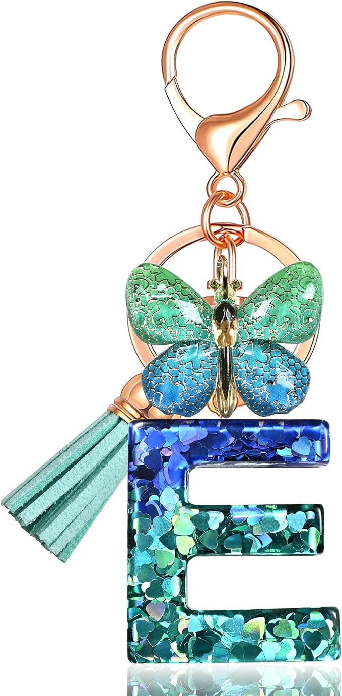 JINGUAZI Initial letter Keychains for Women Tassel Butterfly Pink Purple Cute Car Keychain for Wallet Backpack bag charm