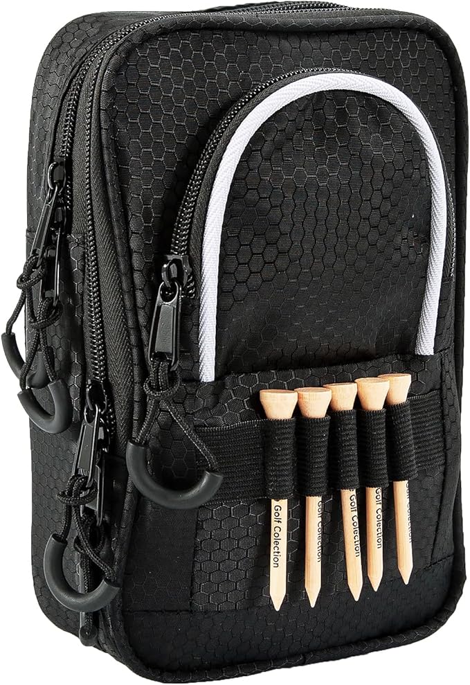 Golf Ball Bag Valuables Pouch,Golf Tee Bag Pouch Accessories with Detachable Carabiner Large Capacity Multiple Compartments can Store 12-15 Balls,Tees,Gloves,Mobile Phone and Keys,Black and White