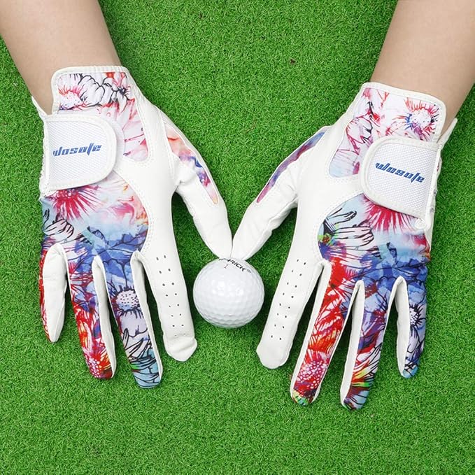 wosofe Golf Glove Women Ladies Pair Cool Leather Both Hand Summer Floral Colorful Breathable Sport Gloves