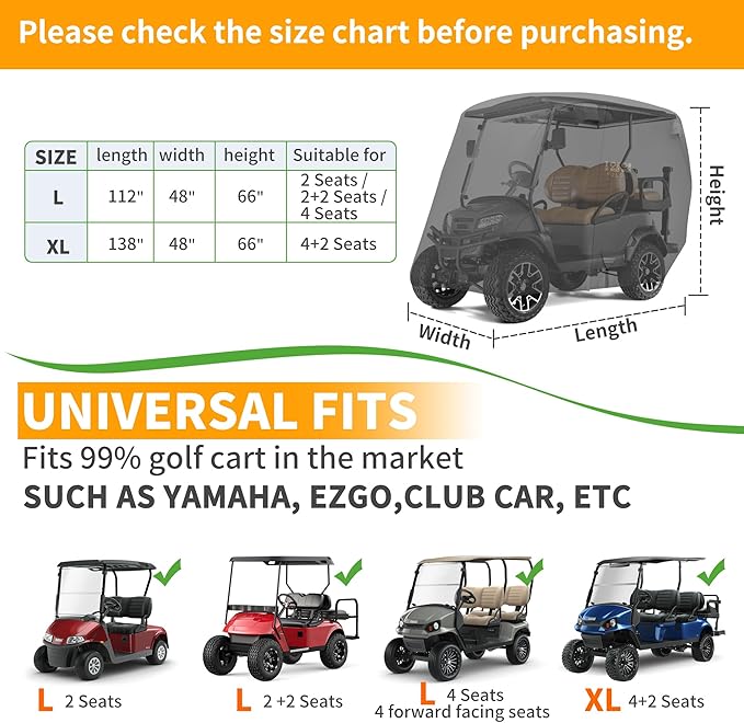 10L0L 2/4/4+2 Passenger Golf Cart Cover Upgrade Extended Roof, 600D Waterproof Snowproof Windproof Sunproof Durable Full Golf Cart Covers for Yamaha,EZGO,Club Car and Other