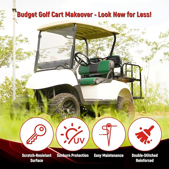 Golf Cart Front and Rear Seat Covers Waterproof and Sun Resistant Marine Grade Vinyl Leather Seat Cover Accessories for EZGO RXV 2008+, Green(4PCS)