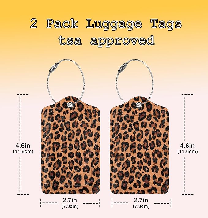 TSA Approved Luggage Tags for Suitcases Cheetah Leopard 2 Pack Funny Leather Carnival Cruise Airport Cute Travel Name Tags Golf Bag tag Ships Essentials Privacy Cover ID Label for Women Men