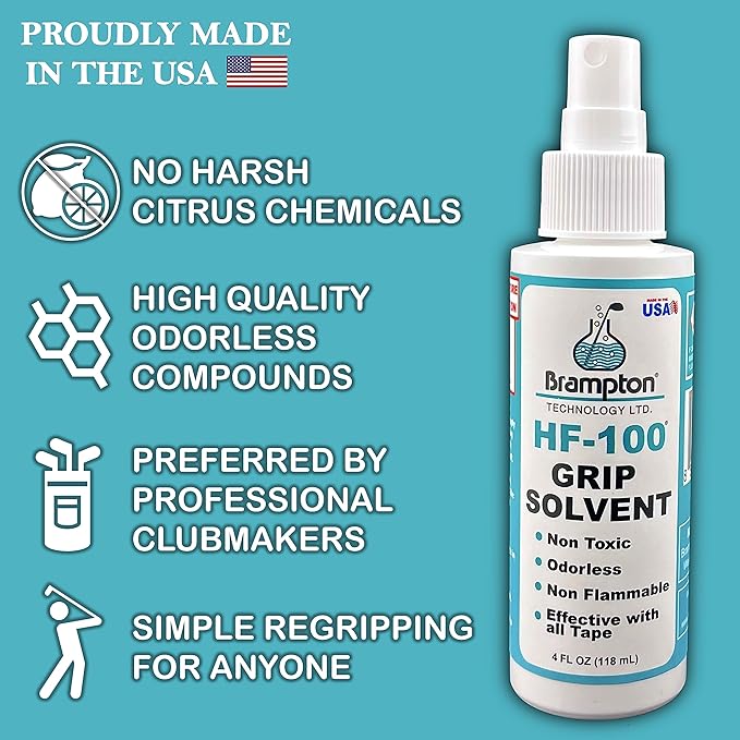Brampton HF-100 Premium Golf Grip Solvent for Regripping Golf Clubs and Golf Grip Repair - Shake and Spray Golf Grip Solution - Non-Toxic, Non-Flammable, and Odorless Golf Grip Solvent