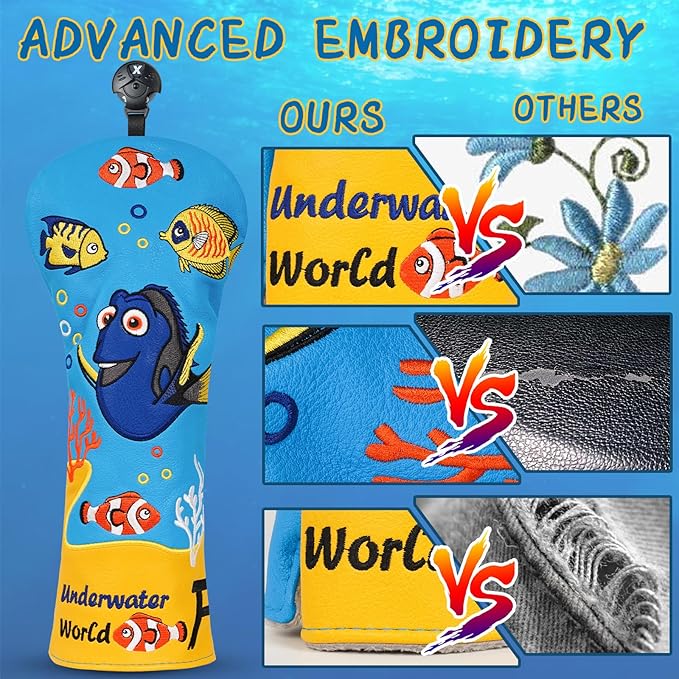 Golf Club Head Covers, Underwater World Driver Headcover Hybrid Headcover Fairway Wood Head Covers Magnetic Blade Putter Cover with Interchangeable Tags for All Brand