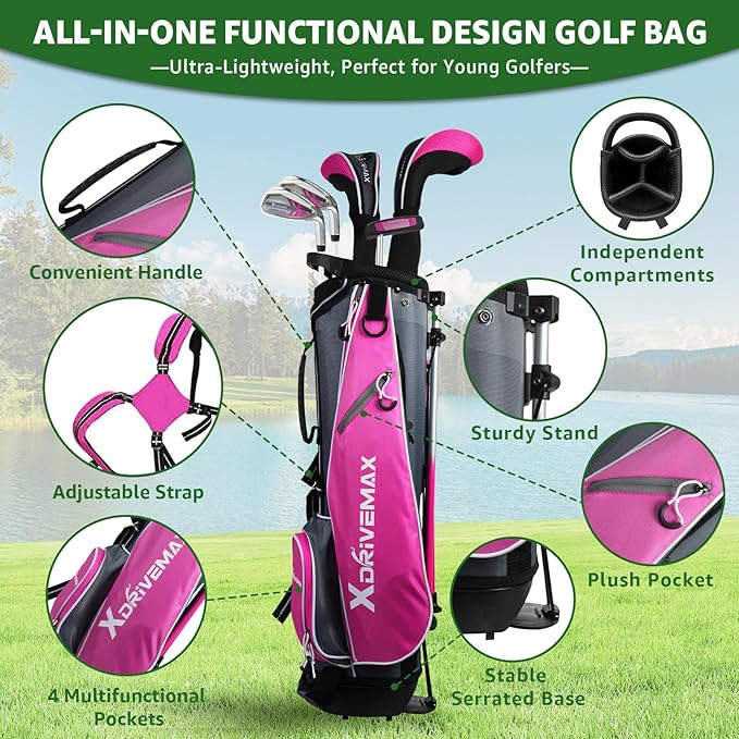 5/6 Pieces Kids Golf Club Set, Junior Golf Club Set Ages 4-12 Includes Stand Bag, 1# Drive, 5# Hybrid, 6/7#, 9/P# Irons and Putter Right Hand for Boys Girls