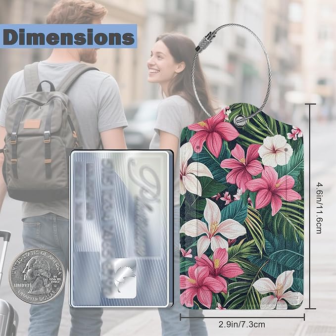3 Pack PU Leahter Luggage Tag with Stainless Steel Loop,Tropical Flowers Travel Suitcase Labels with Privacy Cover ID Label Quickly Spot for Bags