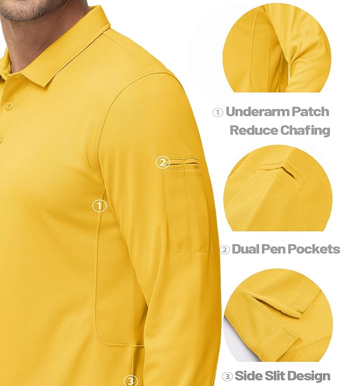 MAGCOMSEN Men's Polo Shirts 3 Button Quick Dry Performance Long Sleeve Tactical Shirts Pique Jersey Golf Shirt