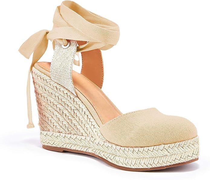 FISACE Womens Summer Espadrille Heel Platform Wedge Sandals Ankle Buckle Strap Closed Toe Shoes