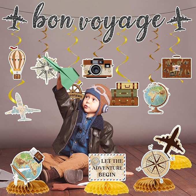 Bon Voyage Party Decorations - 13PCS Travel Themed Party Decorations Glitter Bon Voyage Banner Hanging Swirls Let the Adventure Begin Honeycomb Centerpieces Decor Going Away Party Supplies