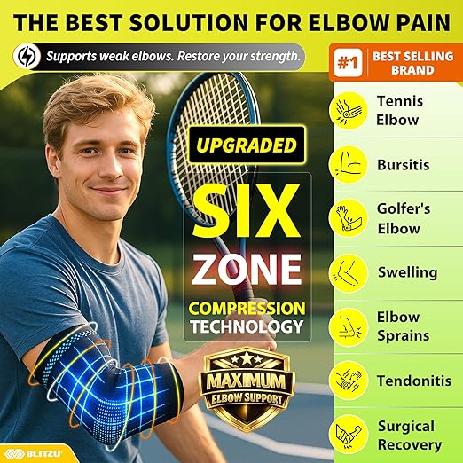 BLITZU Elbow Compression Sleeve for Tendonitis 2 Pack, Tennis Elbow Brace Support for Men and Women Golfers Elbow Pain Relief, Arthritis, Bursitis, Arm Brace for Workout, Weightlifting White XL