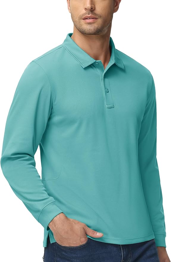 MAGCOMSEN Men's Polo Shirts 3 Button Quick Dry Performance Long Sleeve Tactical Shirts Pique Jersey Golf Shirt