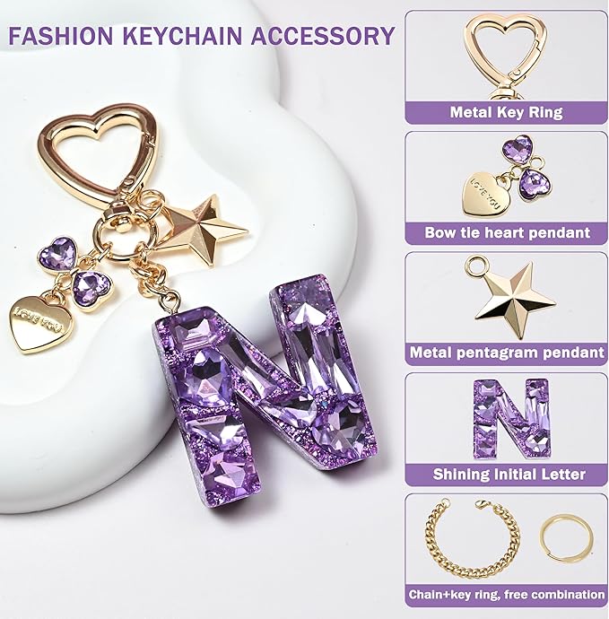 Cute Bling Keychain initial Letter Butterfly Star Pink Purple Gift for Women Girls Bag Cup Charms Accessories