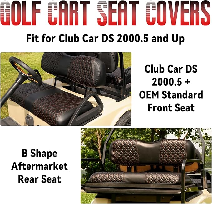 Golf Cart Seat Covers Front and Rear for Club Car DS 2000.5+ Standard Seat Cushion, EZGO Vinyl Leather Seat Cover Set Replacement Accessories, No Staples, Black(4 PCS)