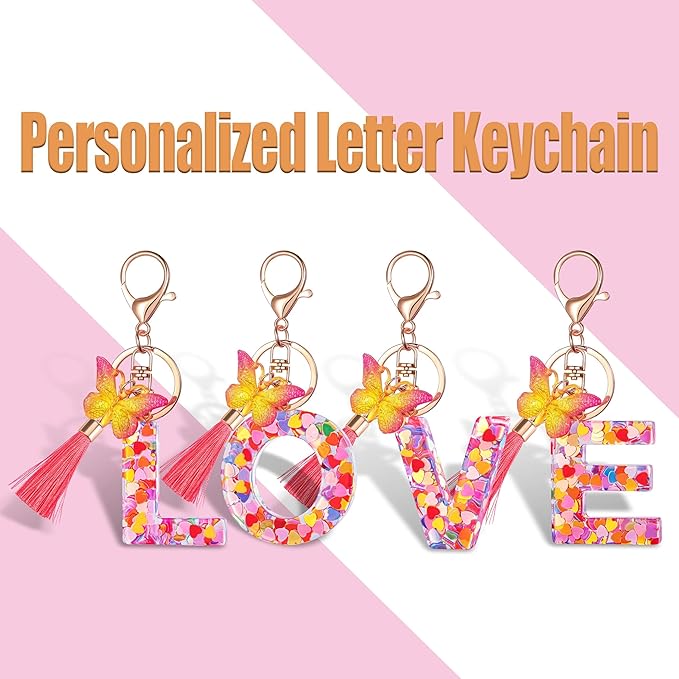Suweibuke Colourful Cute Initial Letter Keychains for Women Girls with Tassel Butterfly, Charm for Purse Handbags Backpacks