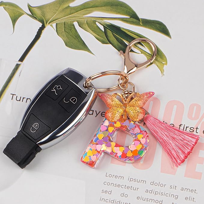 Suweibuke Colourful Cute Initial Letter Keychains for Women Girls with Tassel Butterfly, Charm for Purse Handbags Backpacks
