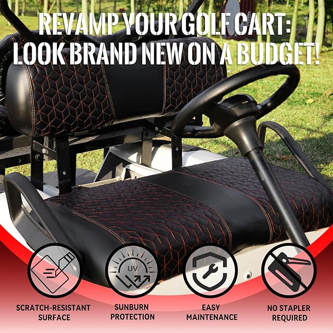 Golf Cart Seat Covers Front and Rear for EZGO TXT 1994-2013 Standard Seat Cushion, EZGO Vinyl Leather Seat Cover Set Replacement Accessories, No Staples, Black(4 PCS)