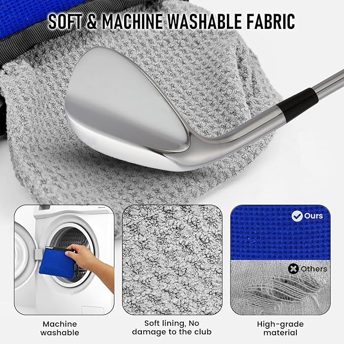 Golf Club and Golf Ball Cleaning Bag - Cleans Club Grooves, Waterproof Clean Face Tech, Detachable Clip, Machine Washable, Stay-Dry Exterior,Golfer Gifts for Men (1, BLUE)