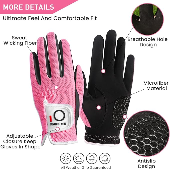 FINGER TEN Womens Golf Glove Right Handed Golfer Left Hand Rain Grip Hot Wet All Weather Value 2 Pack, Golf Gloves Breathable Flexible for Ladies Women