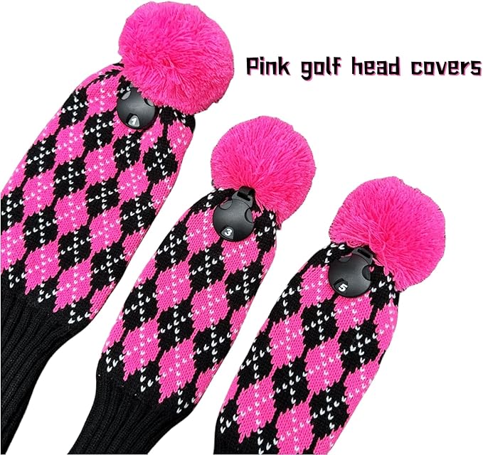 3pcs Knit Pink Golf Club Head Covers, Golf Driver 3 5 Fairway Woods Covers, Pom Pom Golf Wood Headcovers Covers for Driver, 3 5 Woods Women