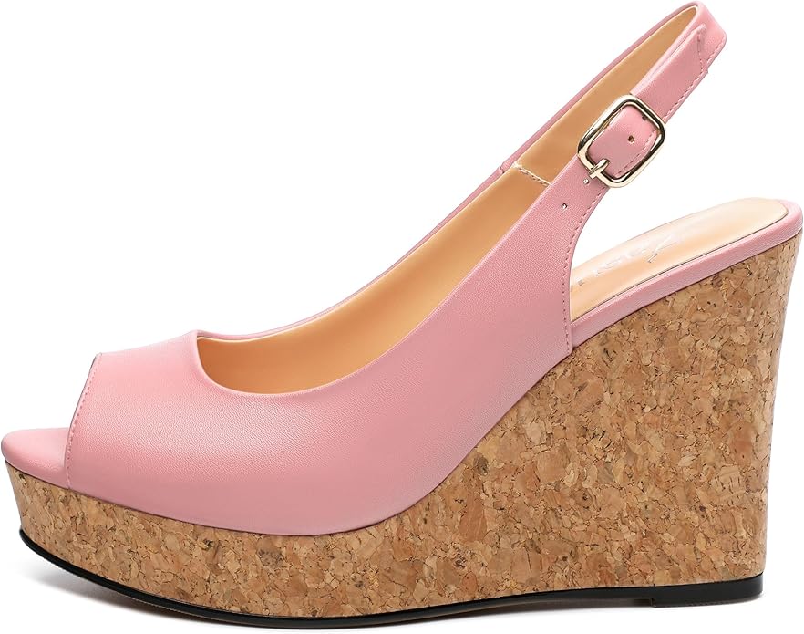 Womens Peep Toe Wedge Heels Matte Fashion Cork Slingback Pumps Platform Wedge Sandals 3.94 Inches