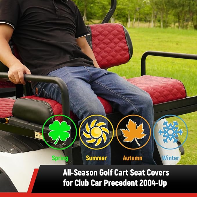 Golf Cart Front and Rear Seat Covers Waterproof and Sun Resistant Marine Grade Vinyl Leather Seat Cover Accessories for Club Car Precedent 2004+, Deep Red(4PCS)