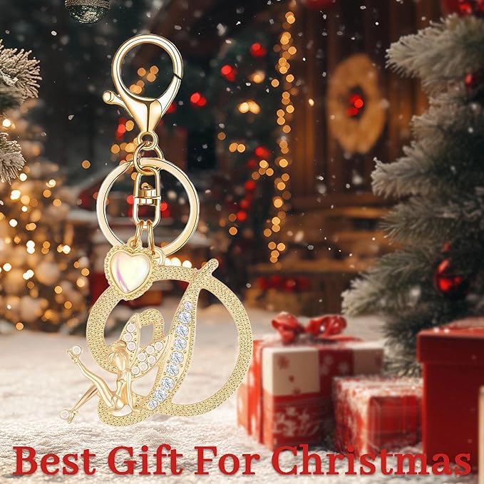 Gold Plated Alphabet Initial Letter Keyring Keychain for Women Girls Crystal Key Chains for Wallet Backpack Bag Charm