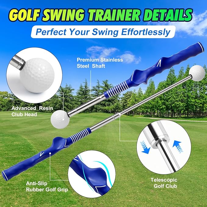Retractable Golf Swing Training Aid, Right-Handed Golf Swing Trainer with Click Feedback, Tempo Stick Golf to Improve Strength & Tempo with Arm Band, Ideal for Beginners, Indoor & Outdoor Use