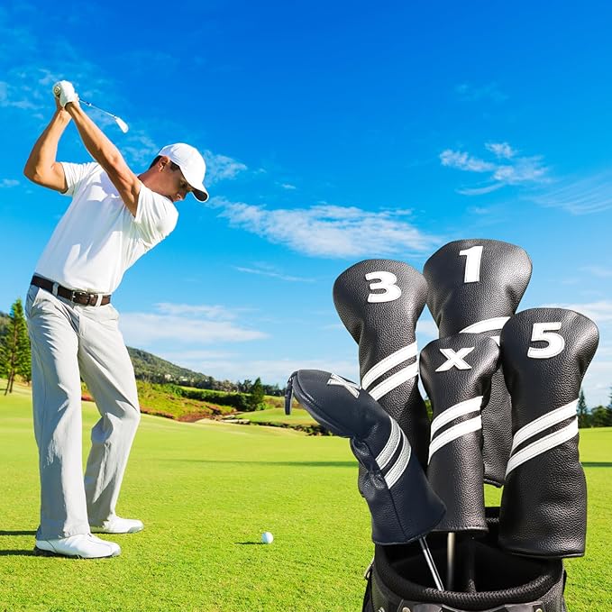 Golf Head Covers for Driver and 5 Wood - PU Leather Golf Headcovers Fits Standard 460cc Driver and Fairway Woods Head Golf Club