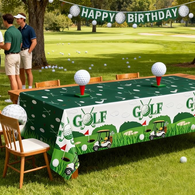 4 Pack Golf Party Tablecloths – Green Gingham Tablecloth and Golf-Themed Plastic Table Covers Disposable Tablecloths for Birthday Outdoor Party Decorations, 54 × 108 Inch
