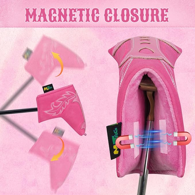 mytag Pink Golf Club Head Covers, Western Cowboy Retro Golf Headcovers with Patch & Embroidery Driver Fairway Wood Hybrids/Rescue Covers