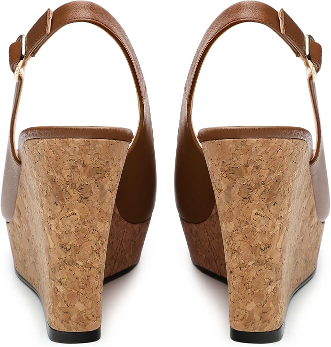 Womens Peep Toe Wedge Heels Matte Fashion Cork Slingback Pumps Platform Wedge Sandals 3.94 Inches