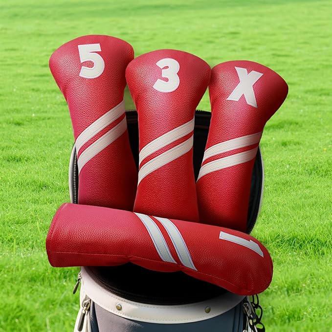 Golf Club Head Covers for Fairway Woods Driver Hybrids, 4pcs Premium PU Leather Women Golf Headcovers Set with No.Tags1 3 5 X.(Red)