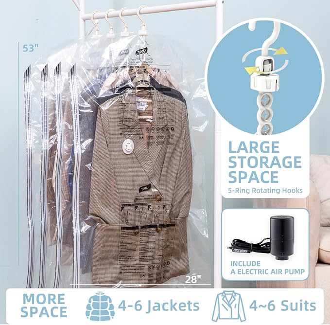 Hanging Vacuum Storage Bags with Electric Pump, 4 Pack (53 x27.5 inch), Vacuum Seal Bags for Clothing, Garment Storage for Short Jacket, Suits, Dresses, Closet Organizer Space Saving