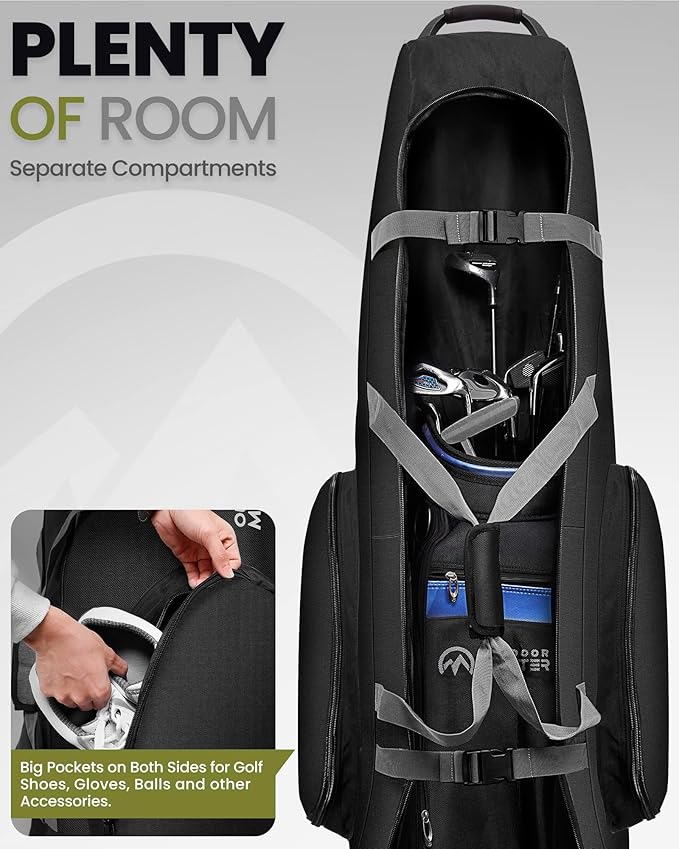 OutdoorMaster Padded Golf Travel Bag with Reinforced Wheels, 900D Heavy Duty Oxford Wear-Resistant and Waterproof Golf Travel Case, Soft-Sided Golf Club Bag, Shoes and Accessories Compartment