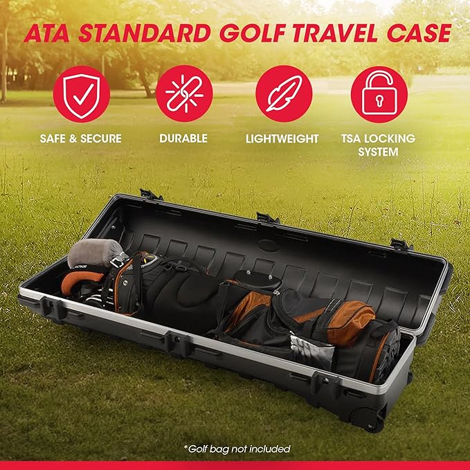 SKB Staff ATA Hard Shell Plastic Golf Travel Case for Cart Bags with Wheels - Heavy-Duty Rolling Club and Driver Carrier for Airline Transport, Impact-Resistant with TSA Locking Latches