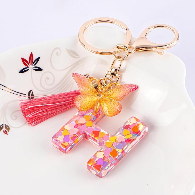 Suweibuke Colourful Cute Initial Letter Keychains for Women Girls with Tassel Butterfly, Charm for Purse Handbags Backpacks