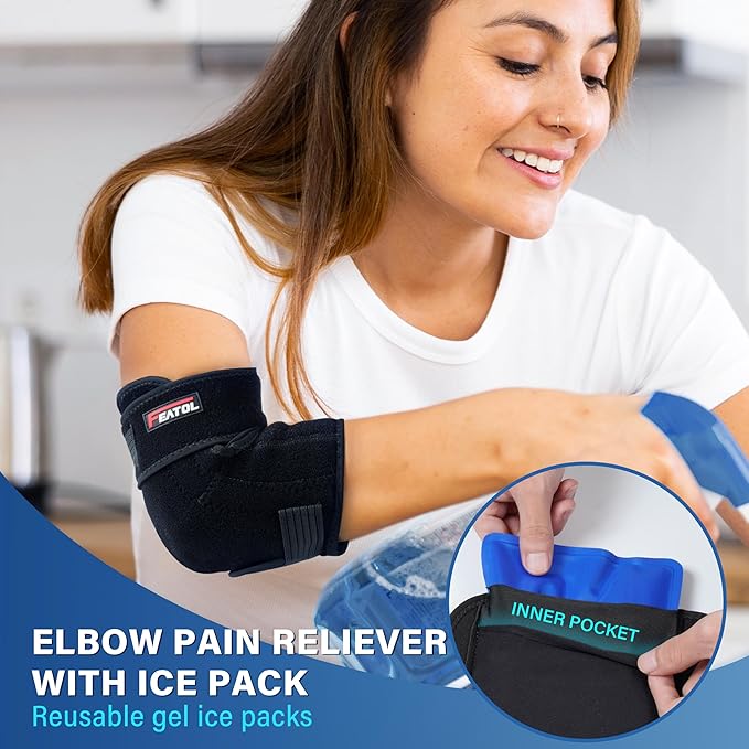 FEATOL Elbow Brace with Ice Pack for Tendonitis and Tennis Elbow-Pain Relief for Cubital Tunnel, Ulnar Nerve Entrapment, Bursitis-Reusable Ice Pack Brace for Men and Women, Large