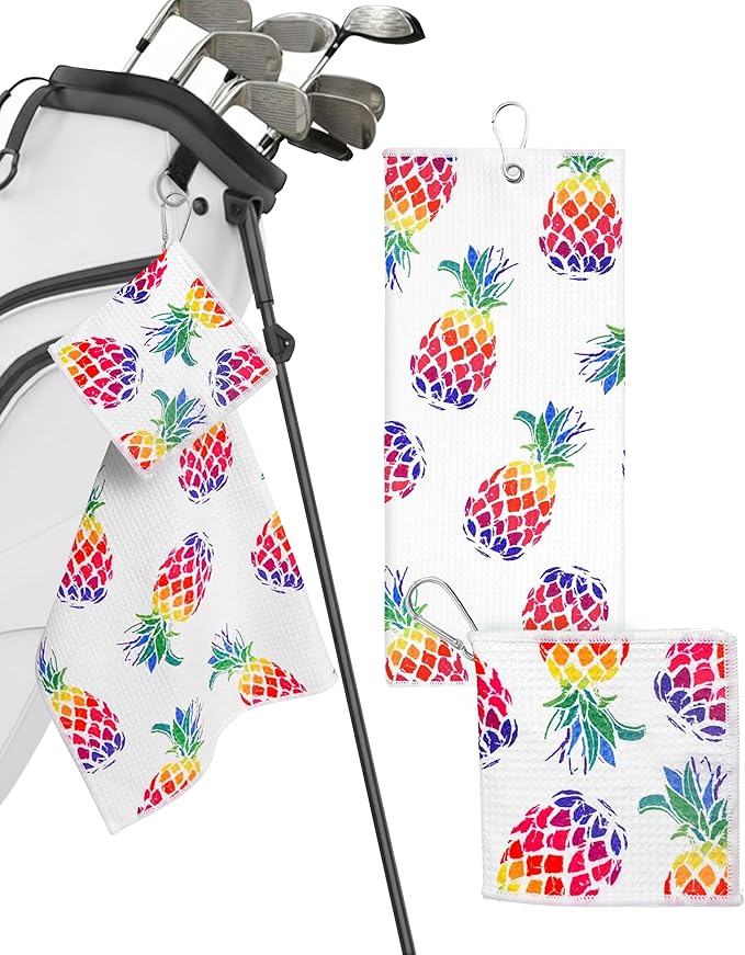 Microfiber Golf Towels for Golf Bags & Carts - Premium Weave Waffle & Ball Towels with Carabiner Clip, Essential Accessories for Men, Women, and Kids, Golfer Gifts, Set of 2 (Pineapple)