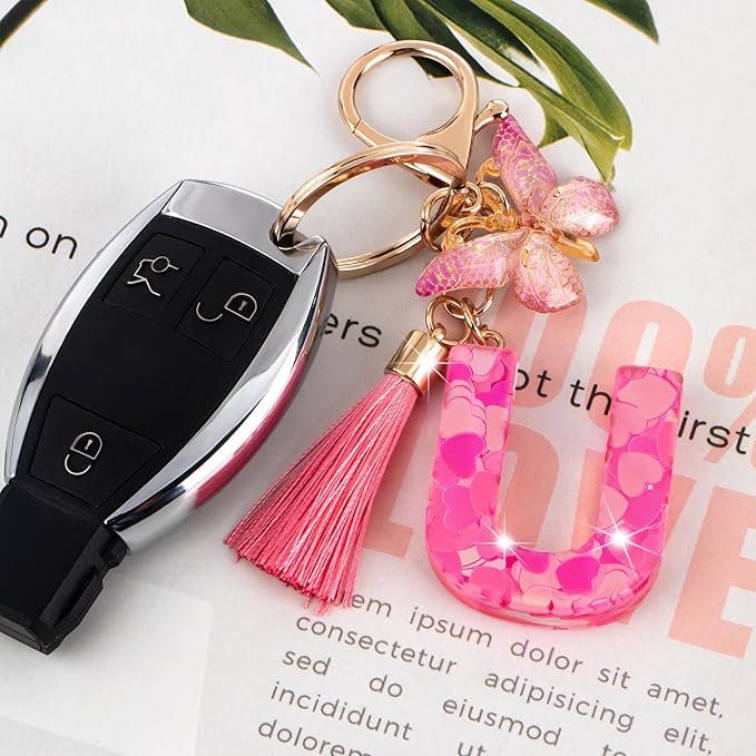 Suweibuke Colourful Cute Initial Letter Keychains for Women Girls with Tassel Butterfly, Charm for Purse Handbags Backpacks