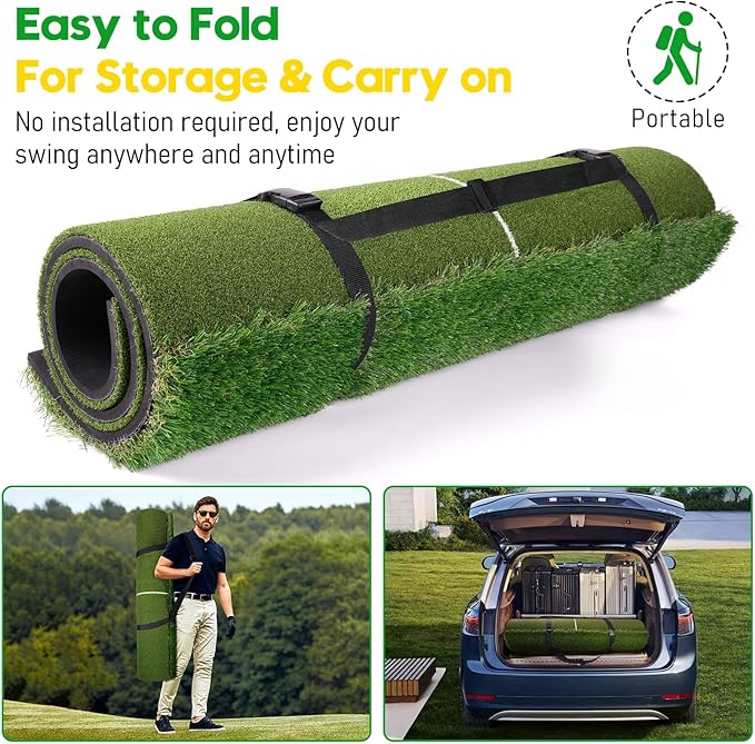 Premium Dual-Turf Golf Mat with Ball Tray, 5x4 FT Golf Hitting Mats Practice Outdoor Indoor Equipment with 10 Balls, 9 Golf Tees, Aid Training Swing Chipping Mat, Gifts for Men,Boy,Golfers