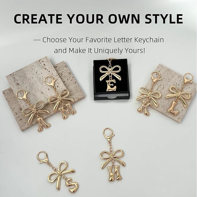 Gold Bubble Heart, Cherry, Bow & More Designs Letter Initial Keychain Bag Charms – Cute Purse Charms for Handbags