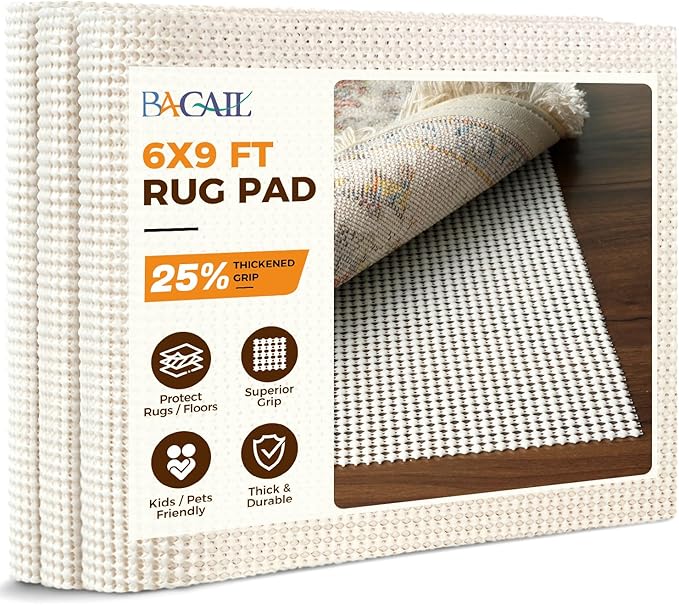 BAGAIL BASICS 6 x 9 FT Rug Pad Gripper for Hardwood Floors, Non Slip Rug Pads for Area Rugs, Extra Thick Under Rug Padding, Protect Your Rugs & Floors