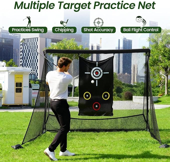 Golf Cage Practice Hitting Net, 10x7ft Heavy Duty Golfnets with 2 Net Side Barriers, Portable Hitting Nets with Carry Bag, 4 Stakes, Low-Noise Target for Backyard Driving Chipping Indoor Outdoor Use