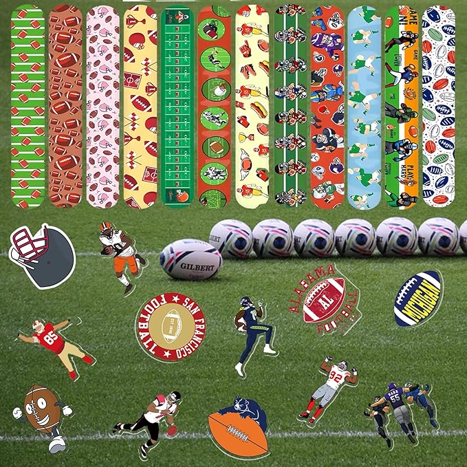 74Pcs Football Theme Party Favors Contain 24 Pcs Slap Bracelets 50Pcs Stickers, Sports Football Theme Birthday Party Decorations,Classroom Rewards Supplies.