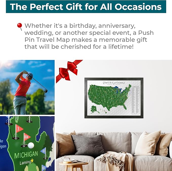 Push Pin Travel Maps Customizable Wall Art - Top Golf Courses USA Map - Rustic Black - Framed Pin Map, Includes 150 Pins - Handcrafted in USA - 27.5" x 39.5"