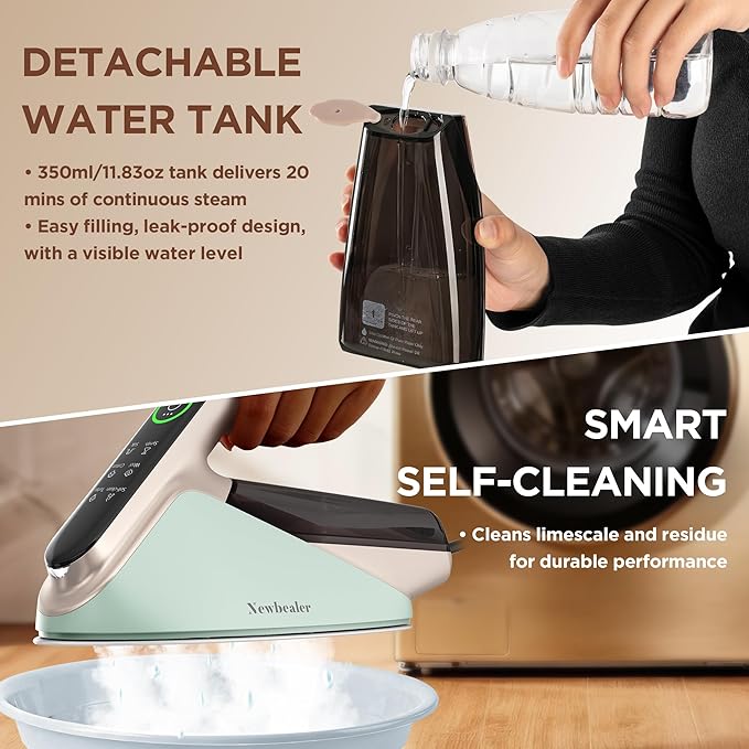 Newbealer Steam Generator Iron, 1500W Turbo Steamer for Clothes, 2 Bar Pressure Clothes Iron, 4 Steam & 4 Dry Heat Modes, Fast Heat-Up, 350ml Detachable Tank, Auto-Off, Self-Cleaning (Green)