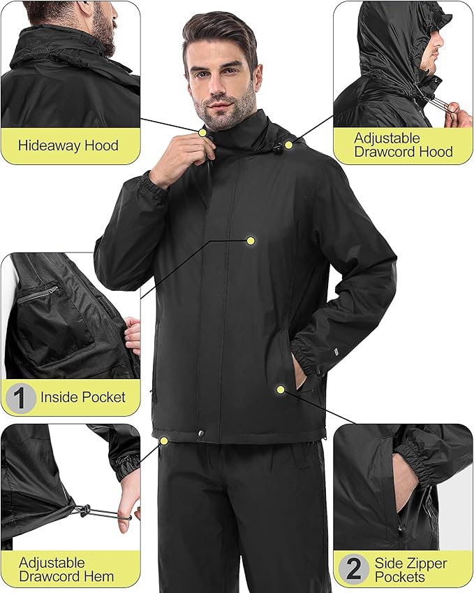 33,000ft Men's Rain Suit Packable Waterproof Lightweight Rain Gear for Golf Hiking Cycling 2 Pieces(Rain Jackets and Pants)